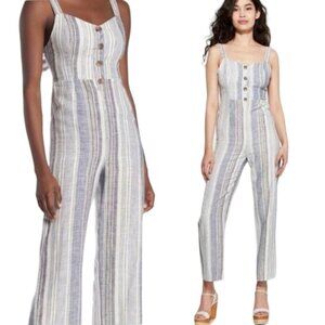 Romeo & Juliet Couture Linen Blend Jumpsuit – Size M – Smocked Waist, Button Fro